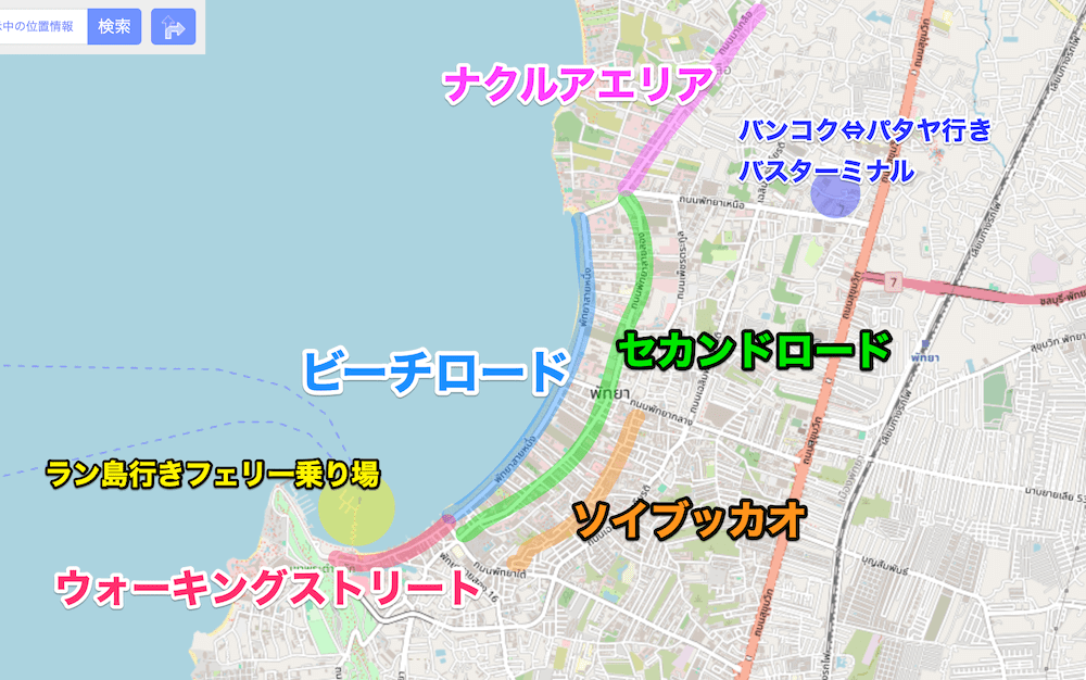 パタヤビーチエリアを細分化した地図